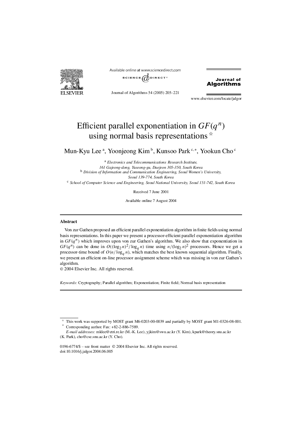 Efficient parallel exponentiation in GF(qn) using normal basis representations