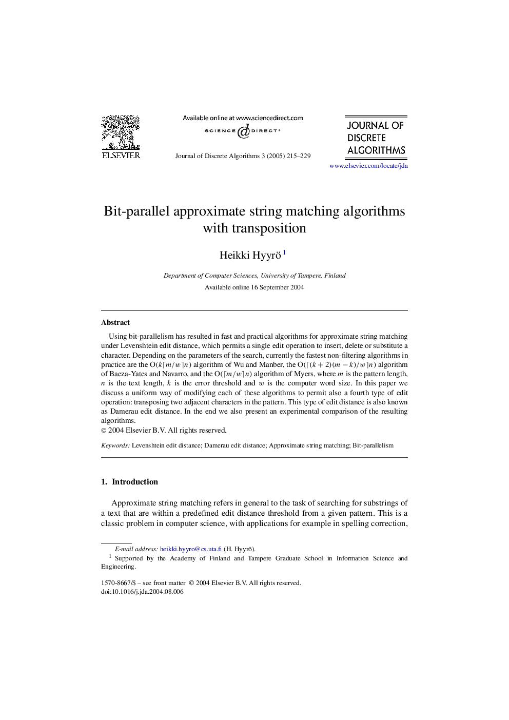 Bit-parallel approximate string matching algorithms with transposition