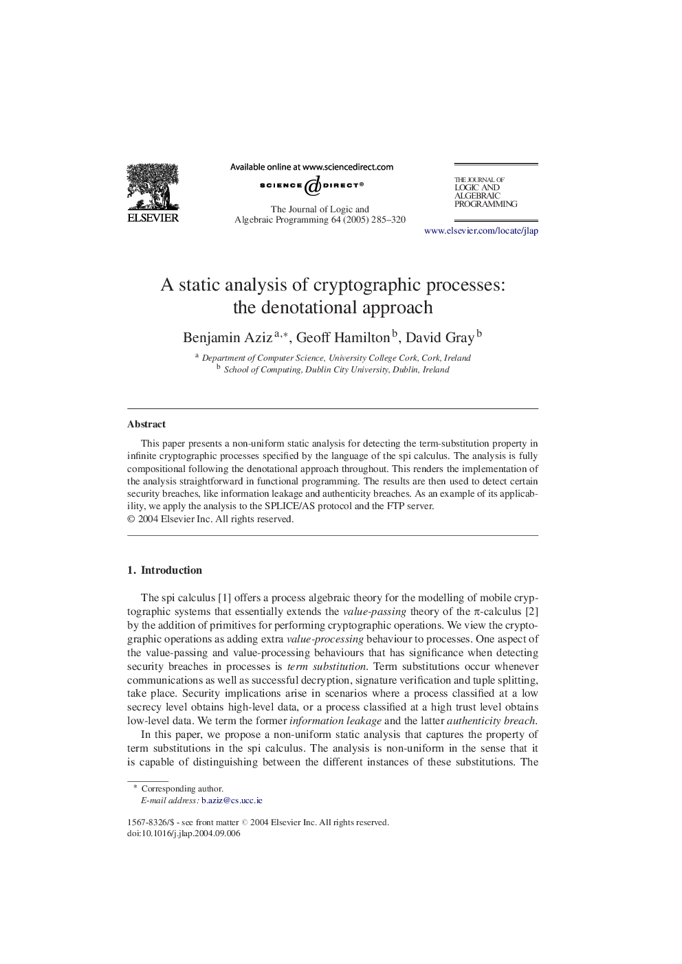 A static analysis of cryptographic processes: the denotational approach