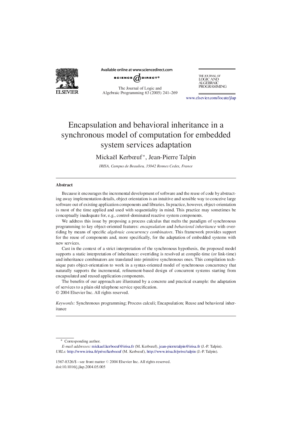 Encapsulation and behavioral inheritance in a synchronous model of computation for embedded system services adaptation