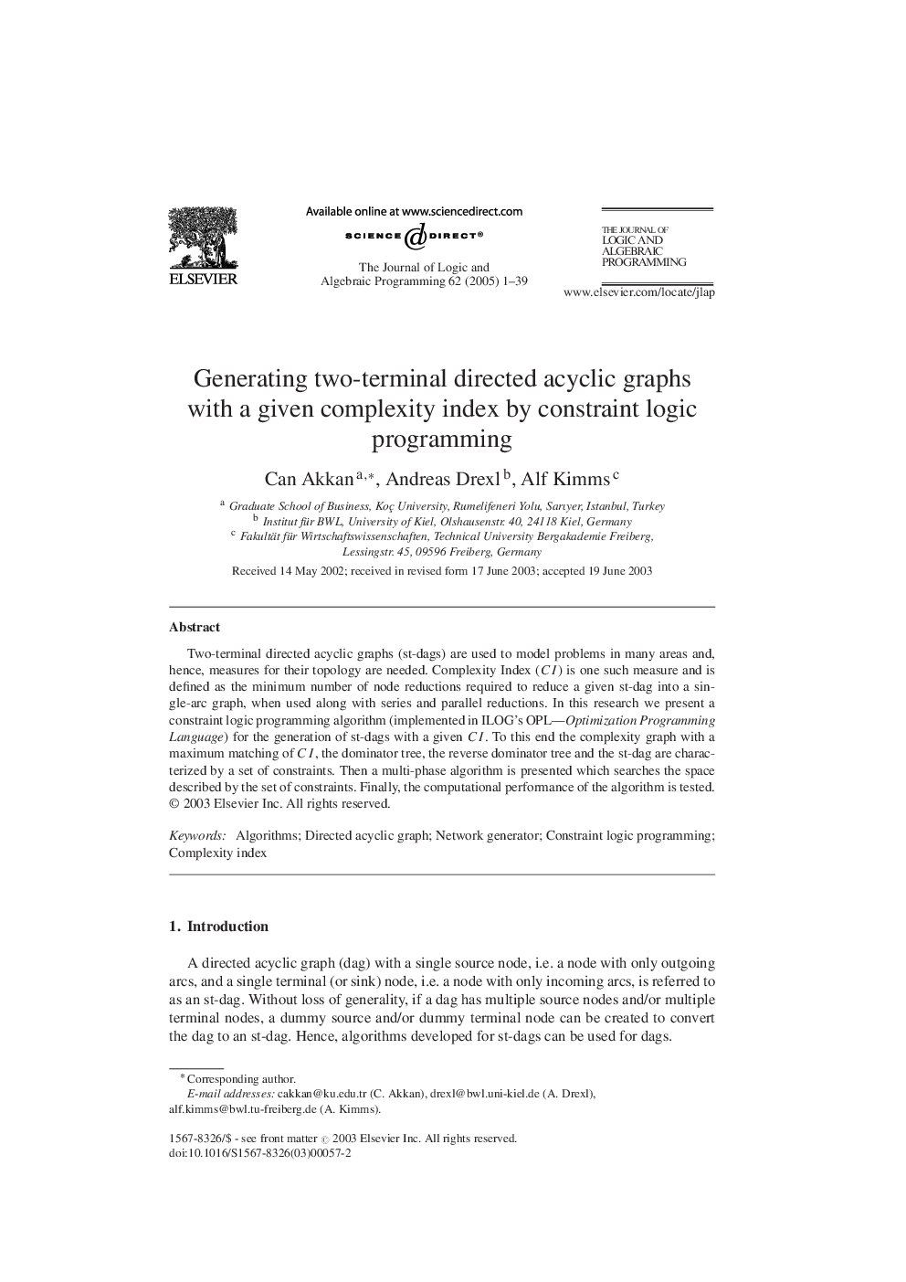 Generating two-terminal directed acyclic graphs with a given complexity index by constraint logic programming