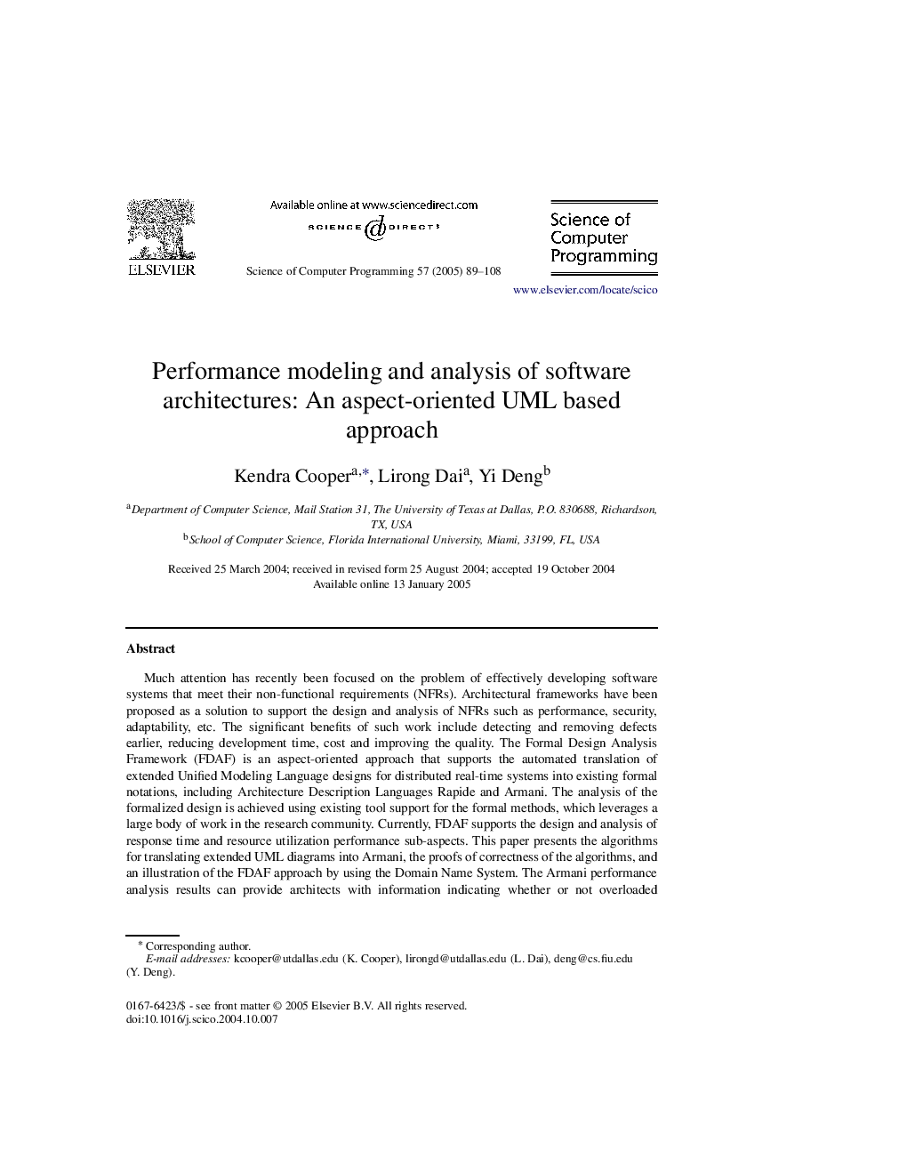 Performance modeling and analysis of software architectures: An aspect-oriented UML based approach