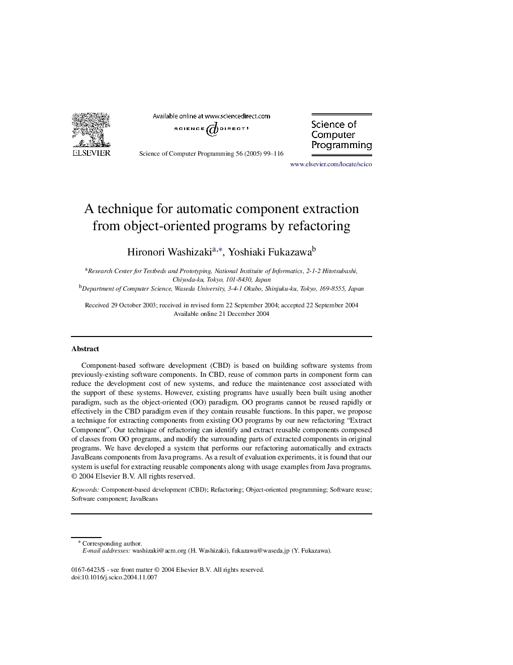 A technique for automatic component extraction from object-oriented programs by refactoring