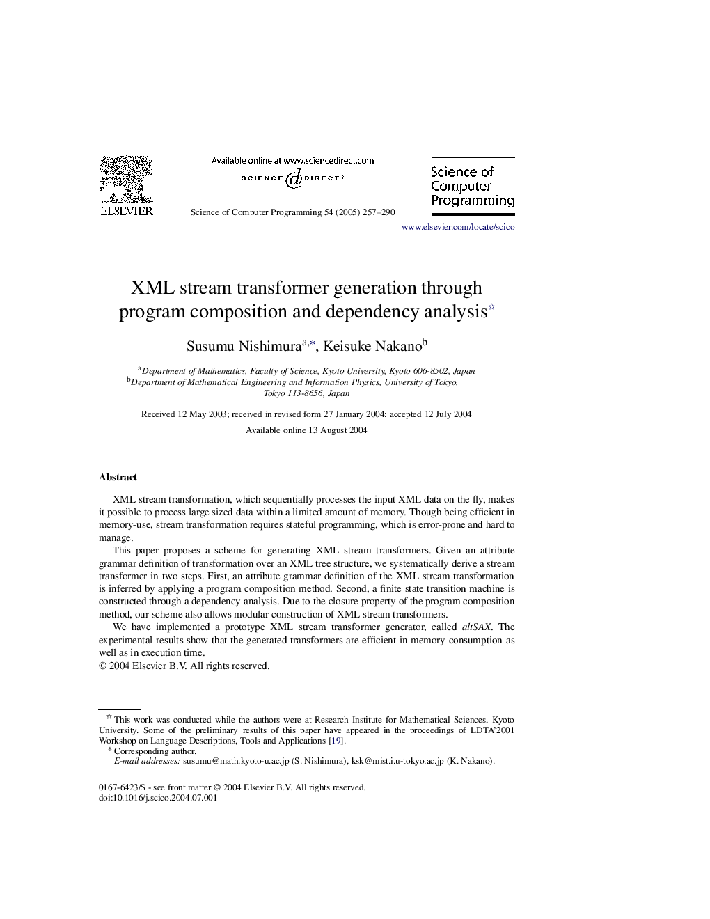 عکس صفحه اول مقاله: XML stream transformer generation through program composition and dependency analysis XML stream transformer generation through program composition and dependency analysis