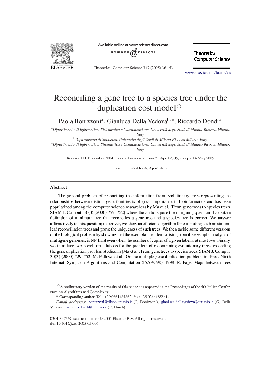 Reconciling a gene tree to a species tree under the duplication cost model