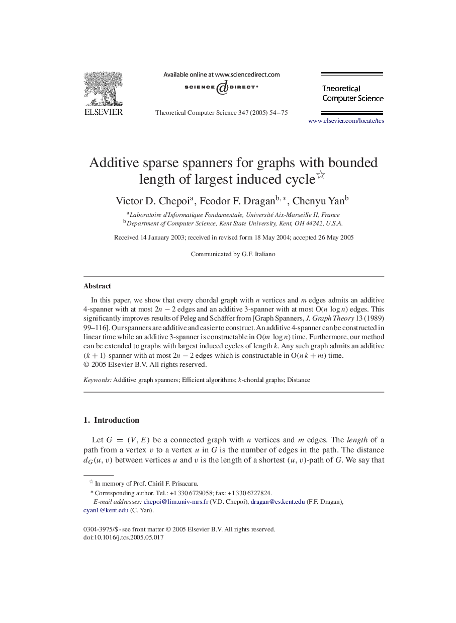 Additive sparse spanners for graphs with bounded length of largest induced cycle