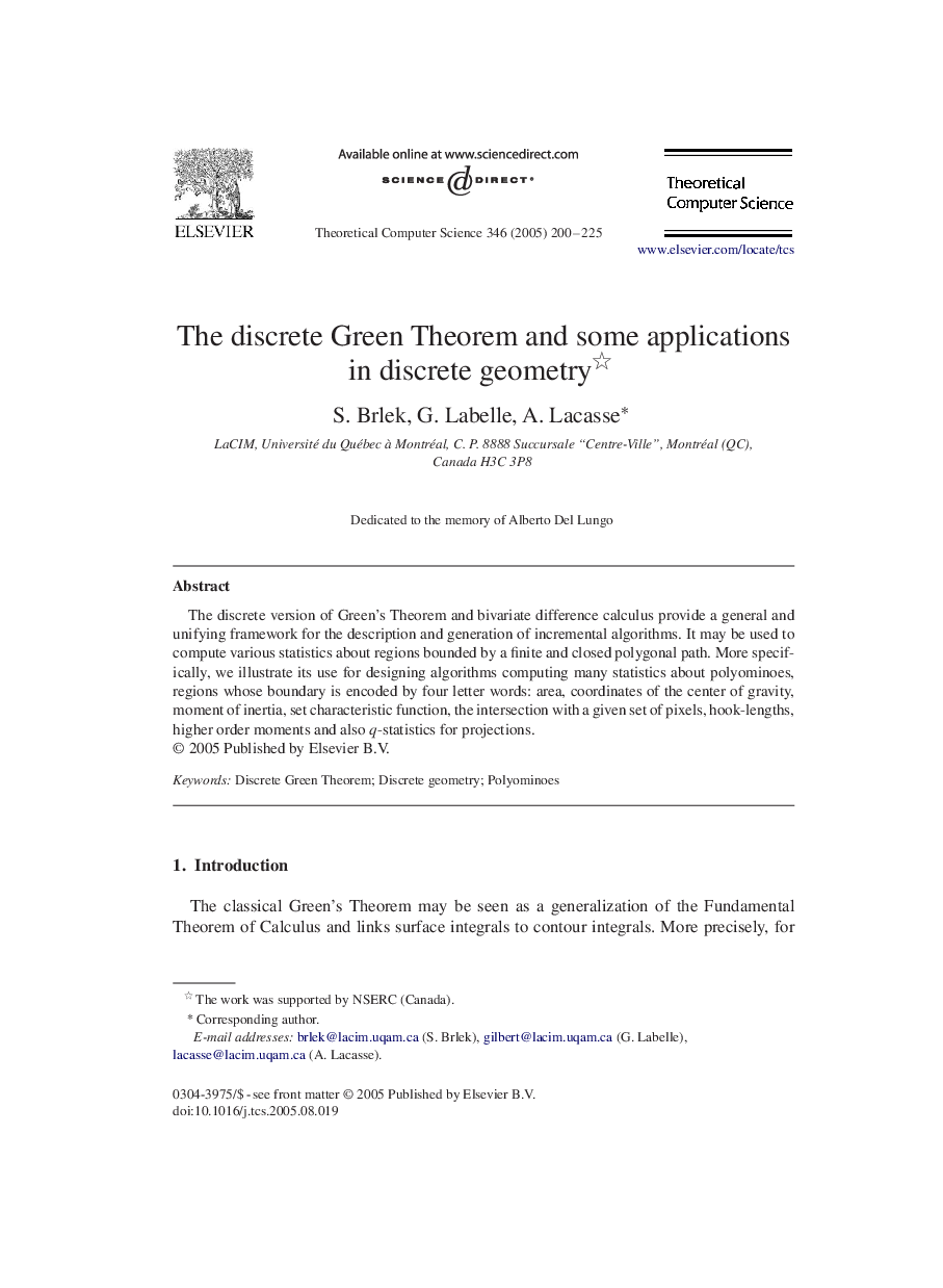 عکس صفحه اول مقاله: The discrete Green Theorem and some applications in discrete geometry The discrete Green Theorem and some applications in discrete geometry
