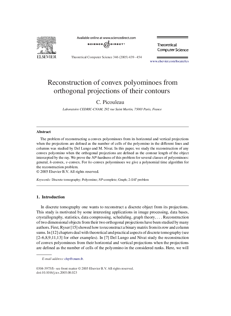 Reconstruction of convex polyominoes from orthogonal projections of their contours