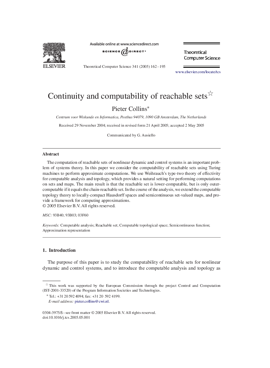 Continuity and computability of reachable sets