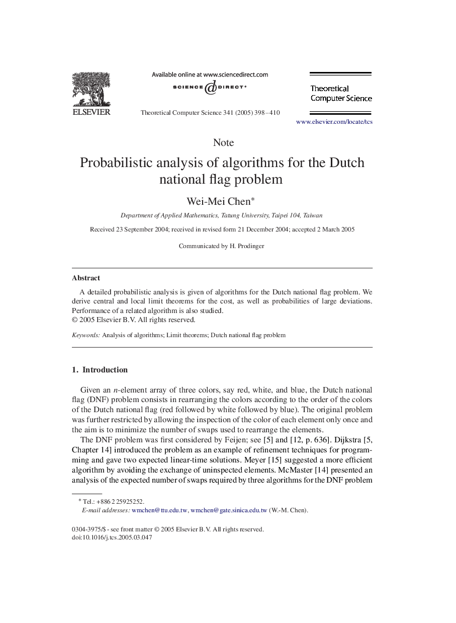 Probabilistic analysis of algorithms for the Dutch national flag problem