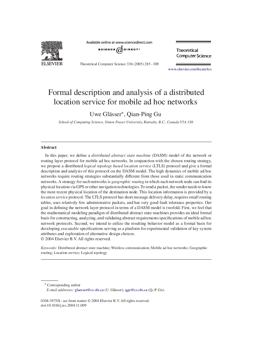 Formal description and analysis of a distributed location service for mobile ad hoc networks