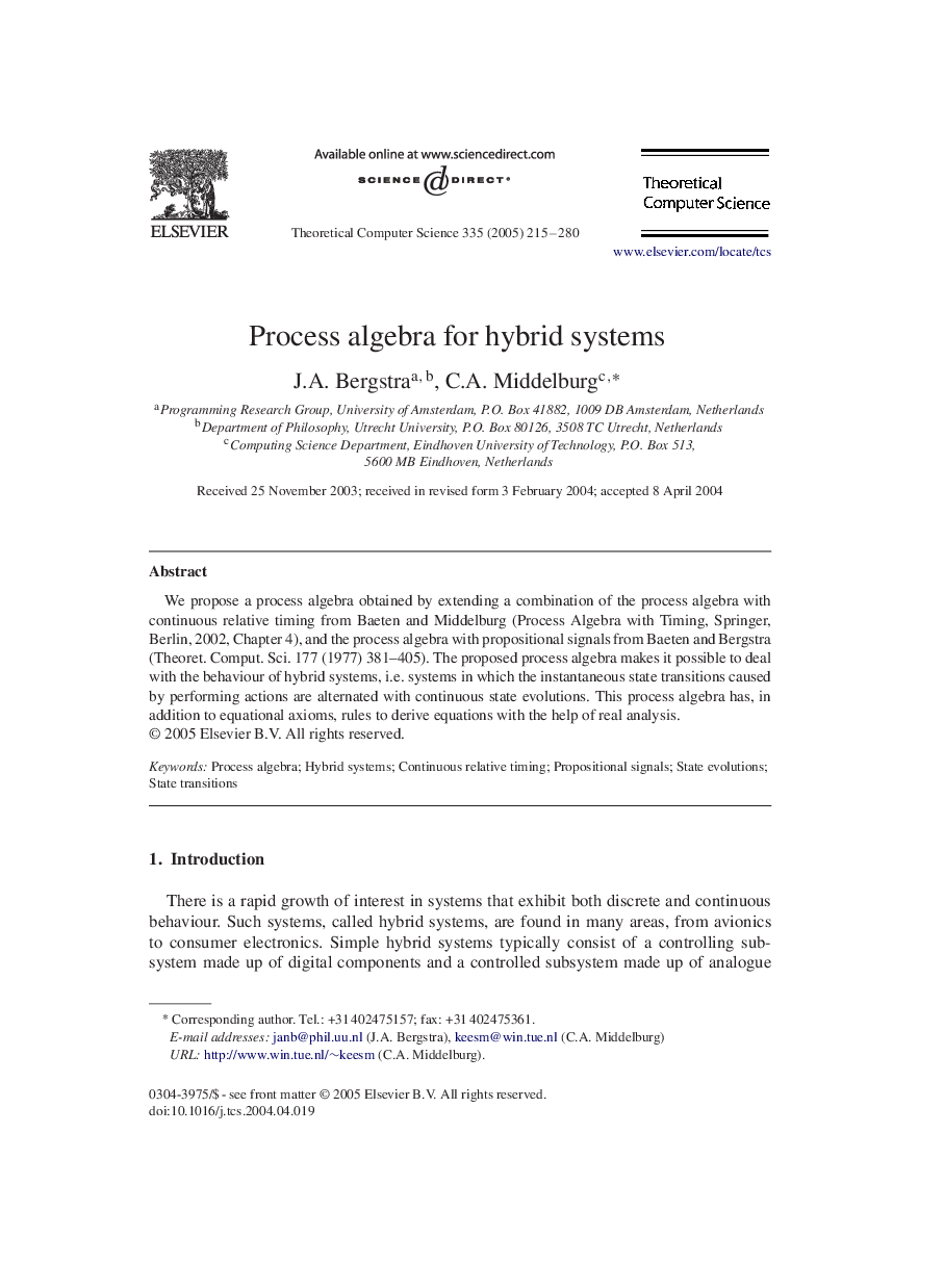 Process algebra for hybrid systems