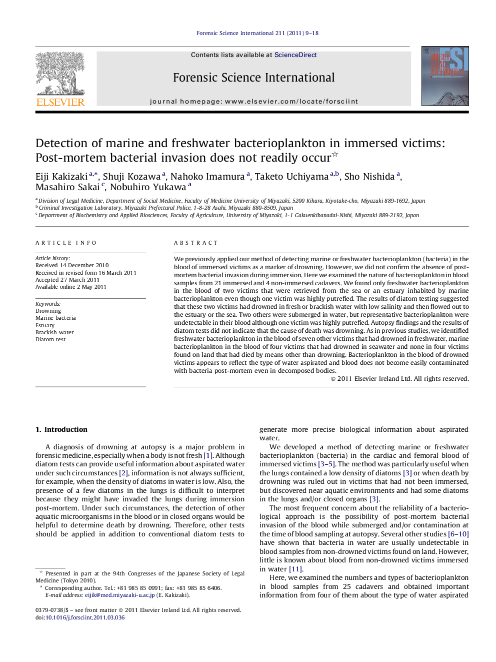 Detection of marine and freshwater bacterioplankton in immersed victims: Post-mortem bacterial invasion does not readily occur 