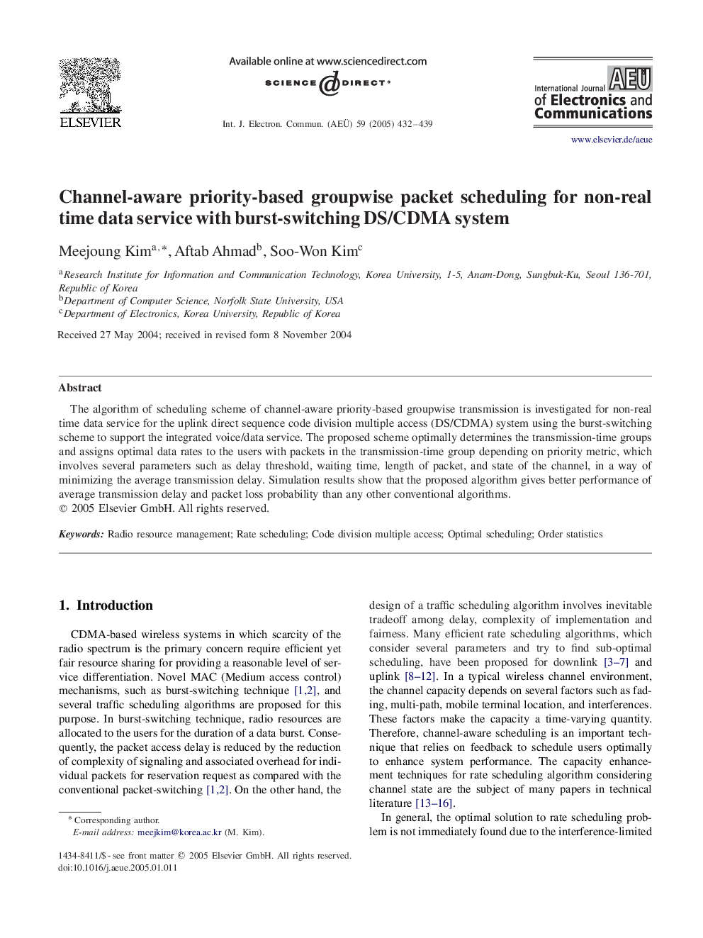 Channel-aware priority-based groupwise packet scheduling for non-real time data service with burst-switching DS/CDMA system