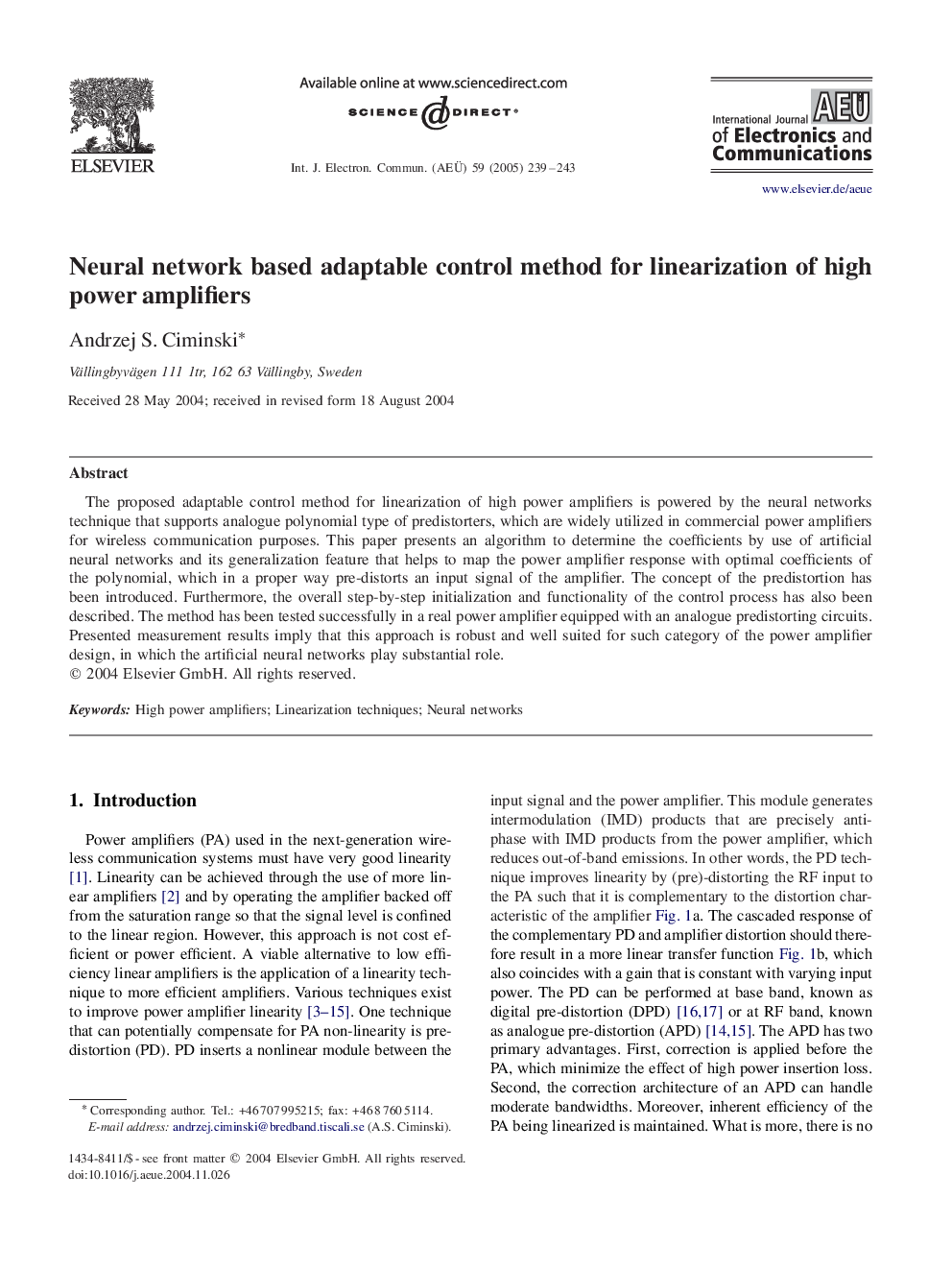 Neural network based adaptable control method for linearization of high power amplifiers