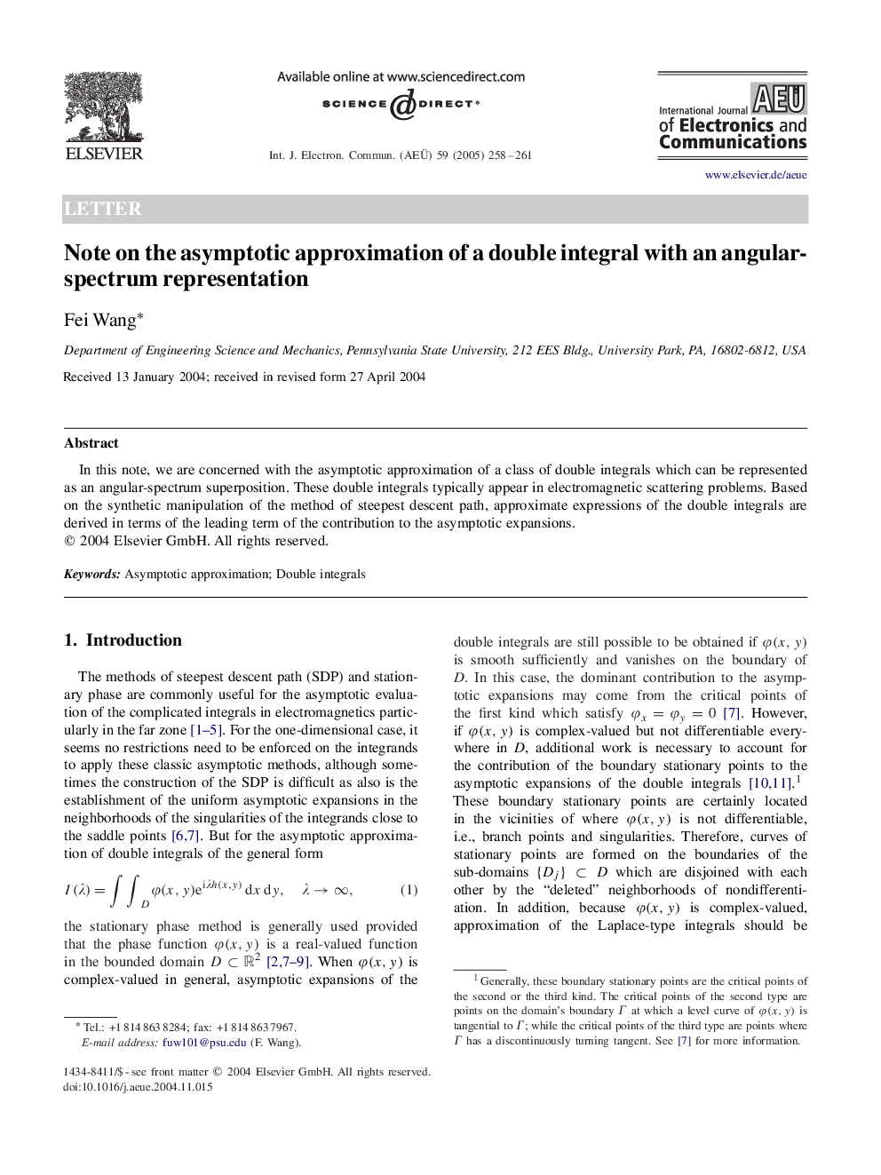 Note on the asymptotic approximation of a double integral with an angular-spectrum representation