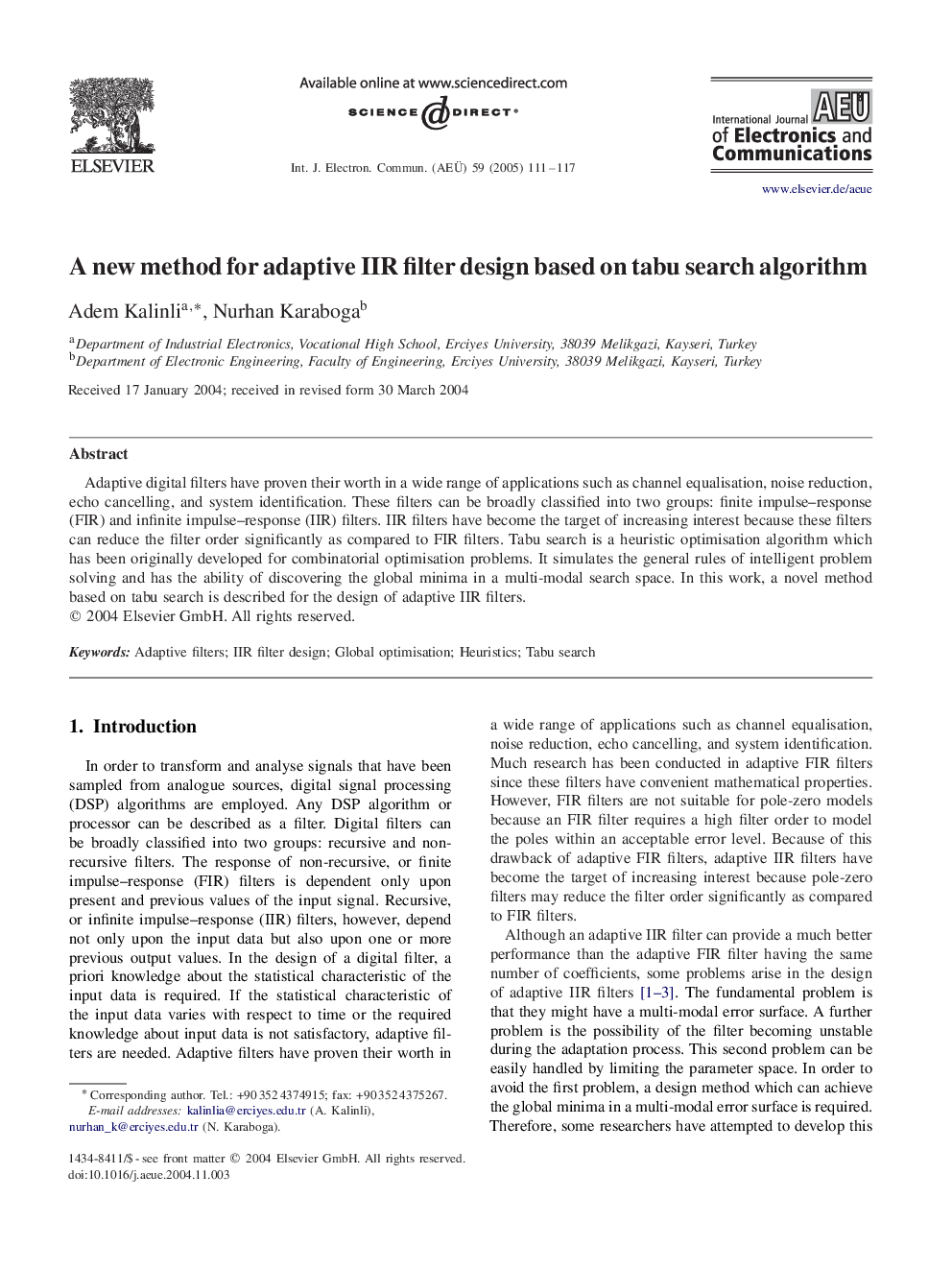 A new method for adaptive IIR filter design based on tabu search algorithm