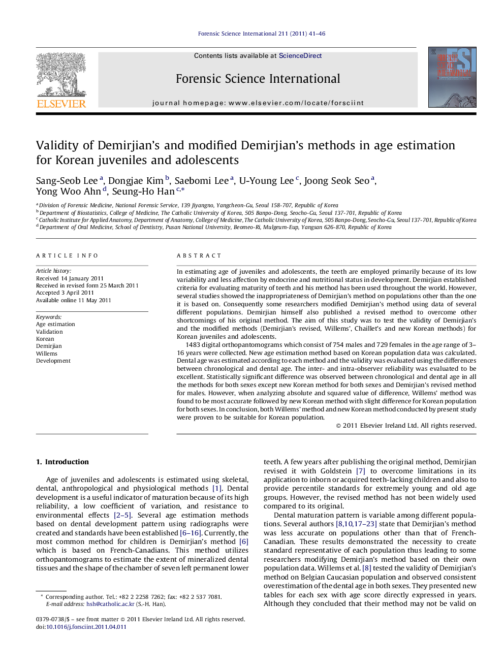 Validity of Demirjian's and modified Demirjian's methods in age estimation for Korean juveniles and adolescents