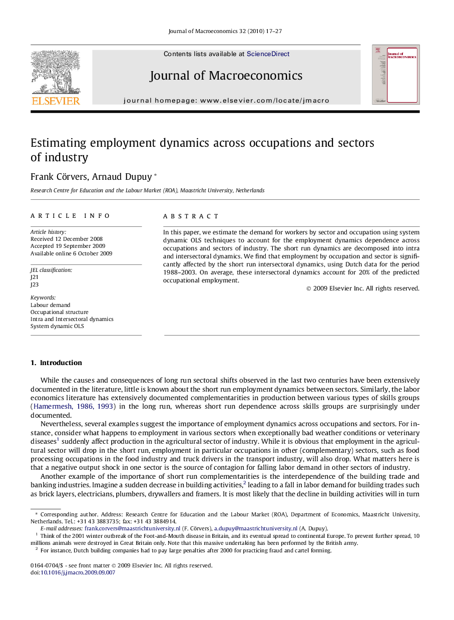 عکس صفحه اول مقاله: Estimating employment dynamics across occupations and sectors of industry Estimating employment dynamics across occupations and sectors of industry