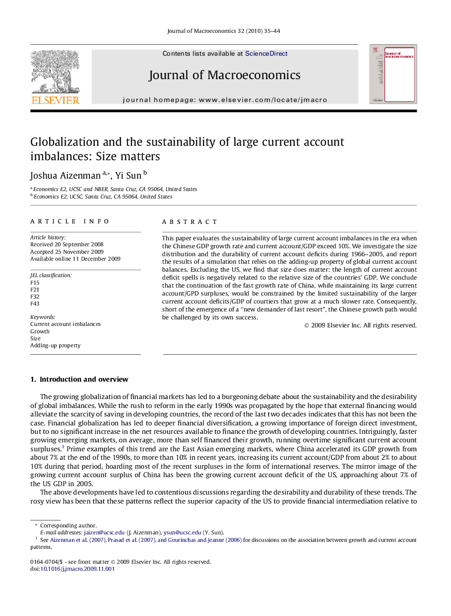 Globalization and the sustainability of large current account imbalances: Size matters