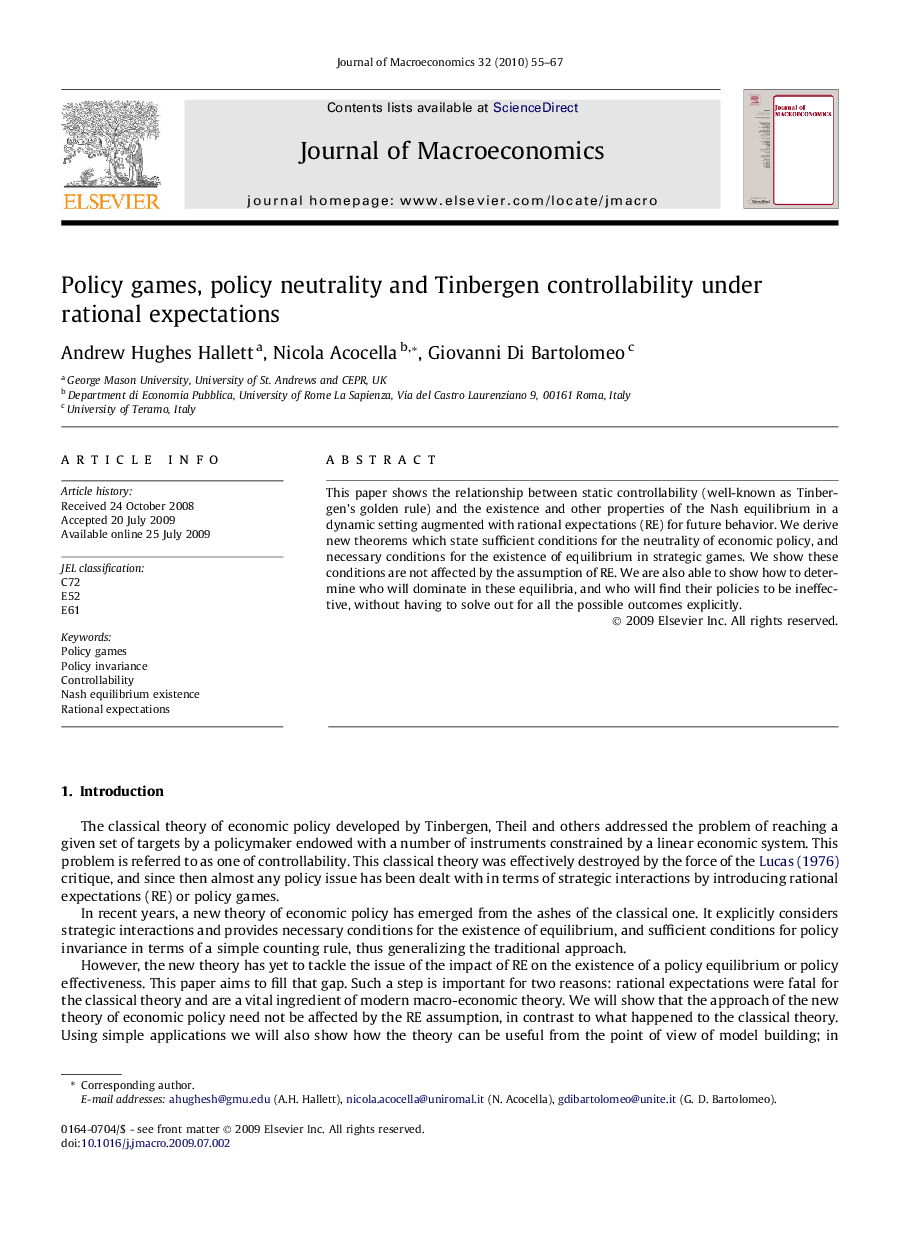 عکس صفحه اول مقاله: Policy games, policy neutrality and Tinbergen controllability under rational expectations Policy games, policy neutrality and Tinbergen controllability under rational expectations