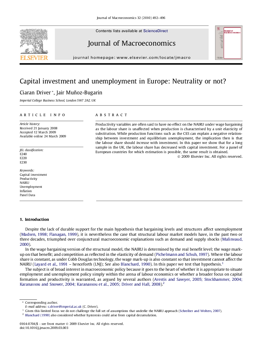 عکس صفحه اول مقاله: Capital investment and unemployment in Europe: Neutrality or not? Capital investment and unemployment in Europe: Neutrality or not?