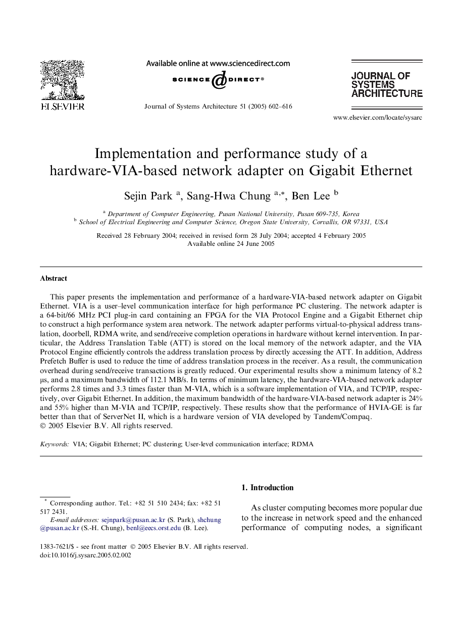 Implementation and performance study of a hardware-VIA-based network adapter on Gigabit Ethernet