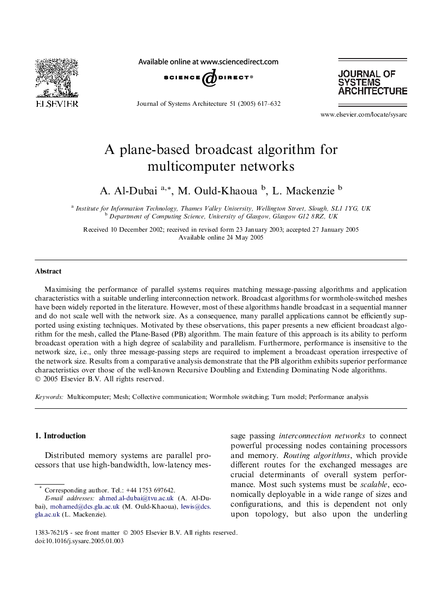 A plane-based broadcast algorithm for multicomputer networks