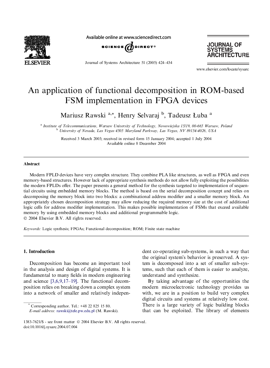 An application of functional decomposition in ROM-based FSM implementation in FPGA devices