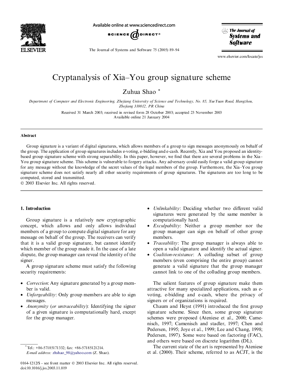 Cryptanalysis of Xia-You group signature scheme