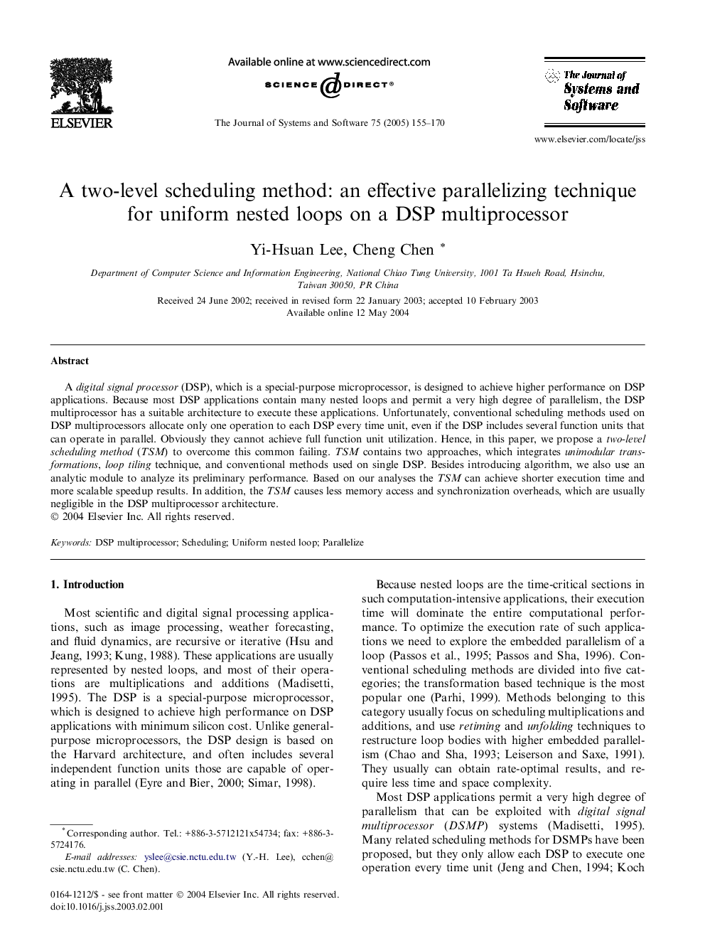 A two-level scheduling method: an effective parallelizing technique for uniform nested loops on a DSP multiprocessor