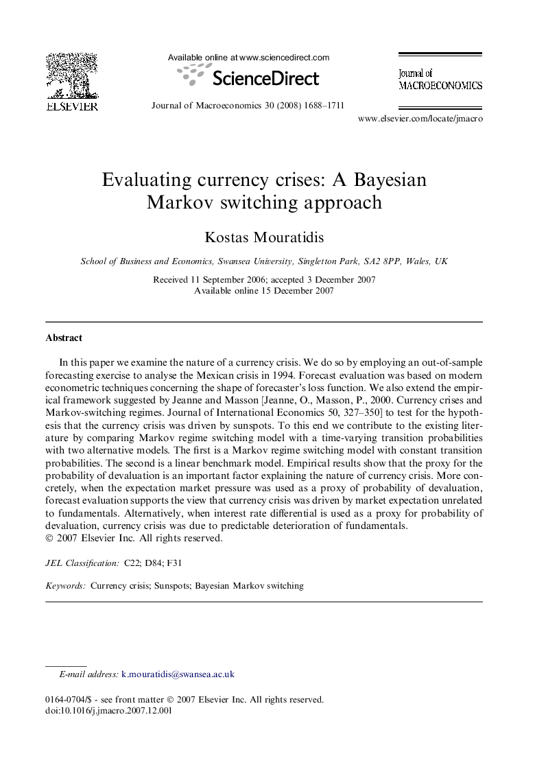 Evaluating currency crises: A Bayesian Markov switching approach