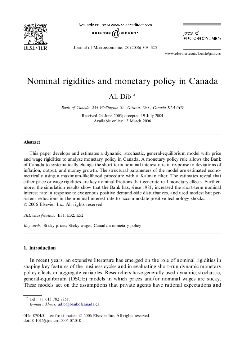 Nominal rigidities and monetary policy in Canada