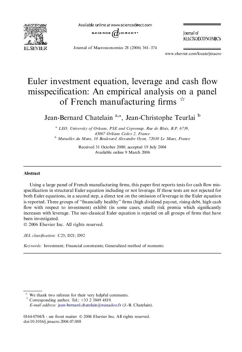 Euler investment equation, leverage and cash flow misspecification: An empirical analysis on a panel of French manufacturing firms