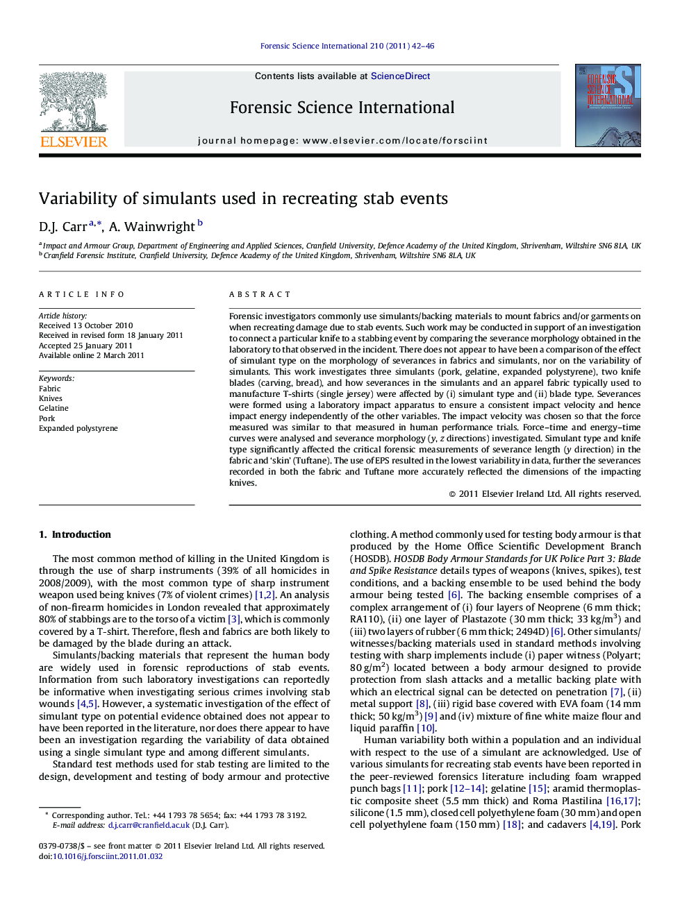 Variability of simulants used in recreating stab events