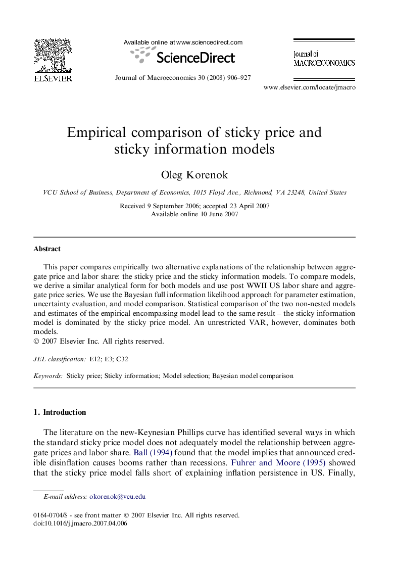 Empirical comparison of sticky price and sticky information models