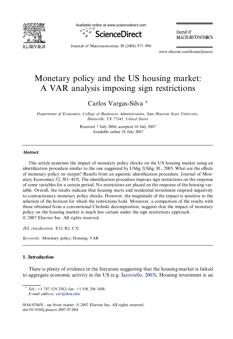 Monetary policy and the US housing market: A VAR analysis imposing sign restrictions