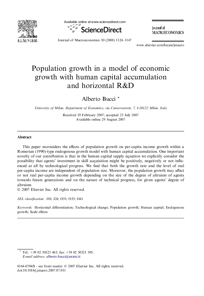 Population growth in a model of economic growth with human capital accumulation and horizontal R&D