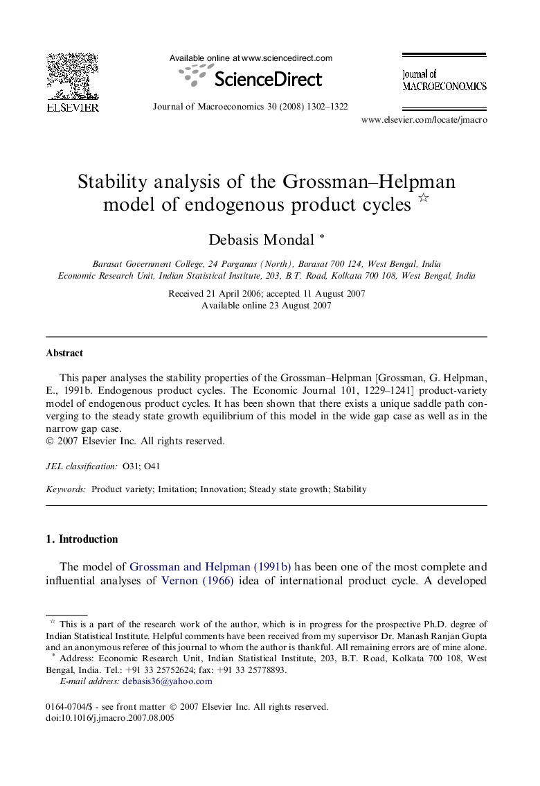 Stability analysis of the Grossman-Helpman model of endogenous product cycles