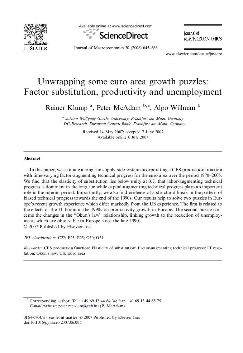 Unwrapping some euro area growth puzzles: Factor substitution, productivity and unemployment