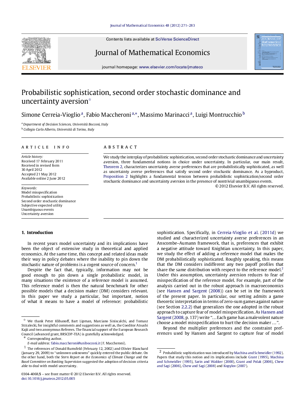 Probabilistic sophistication, second order stochastic dominance and uncertainty aversion