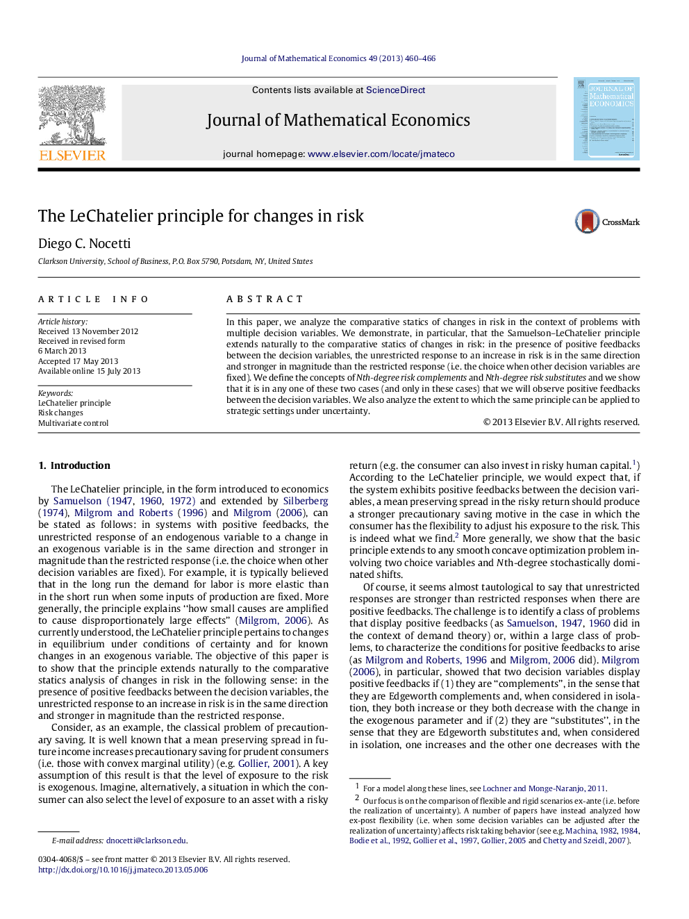 عکس صفحه اول مقاله: The LeChatelier principle for changes in risk The LeChatelier principle for changes in risk