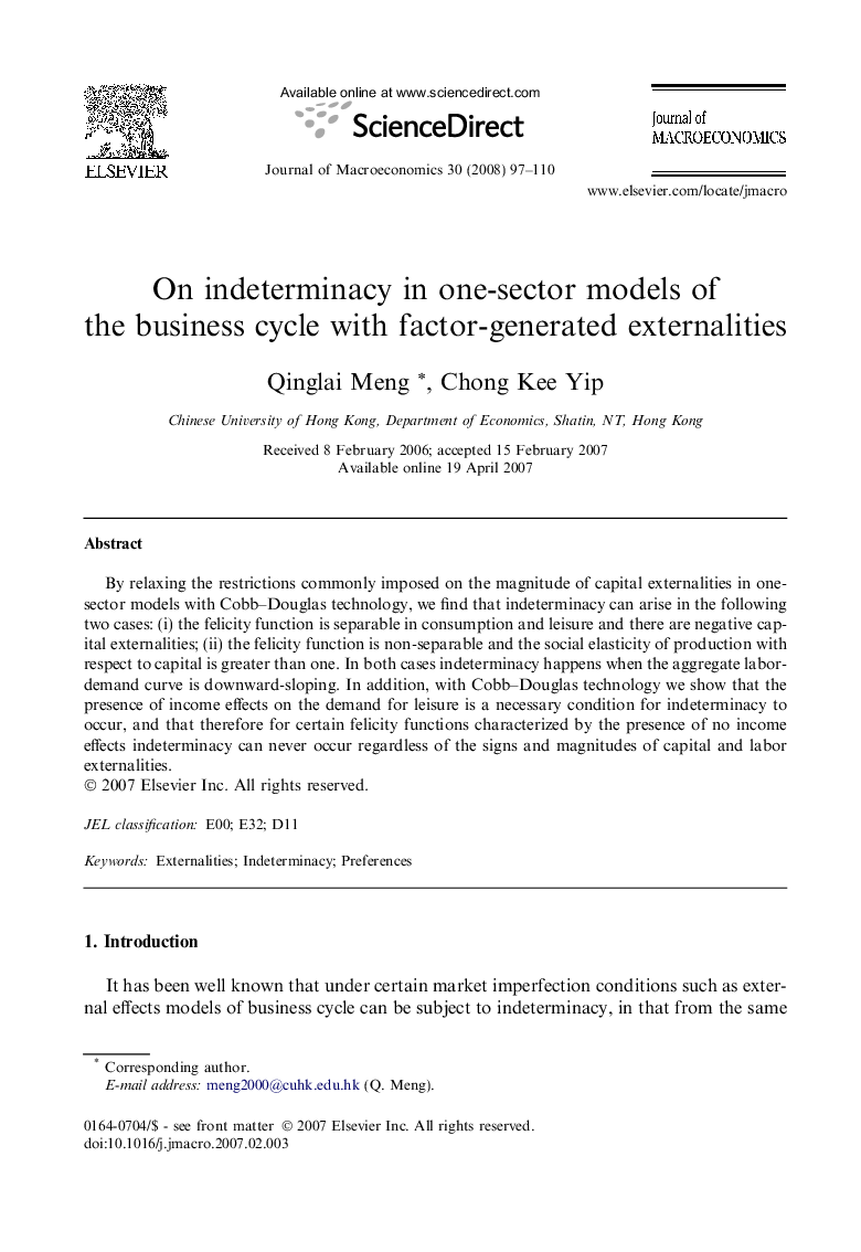 On indeterminacy in one-sector models of the business cycle with factor-generated externalities