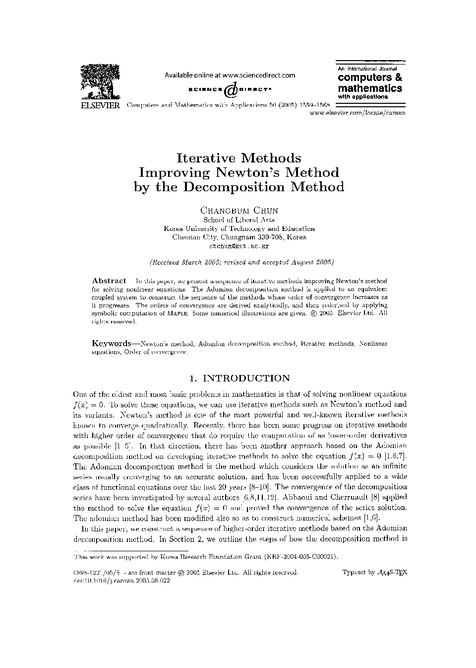 Iterative methods improving newton's method by the decomposition method
