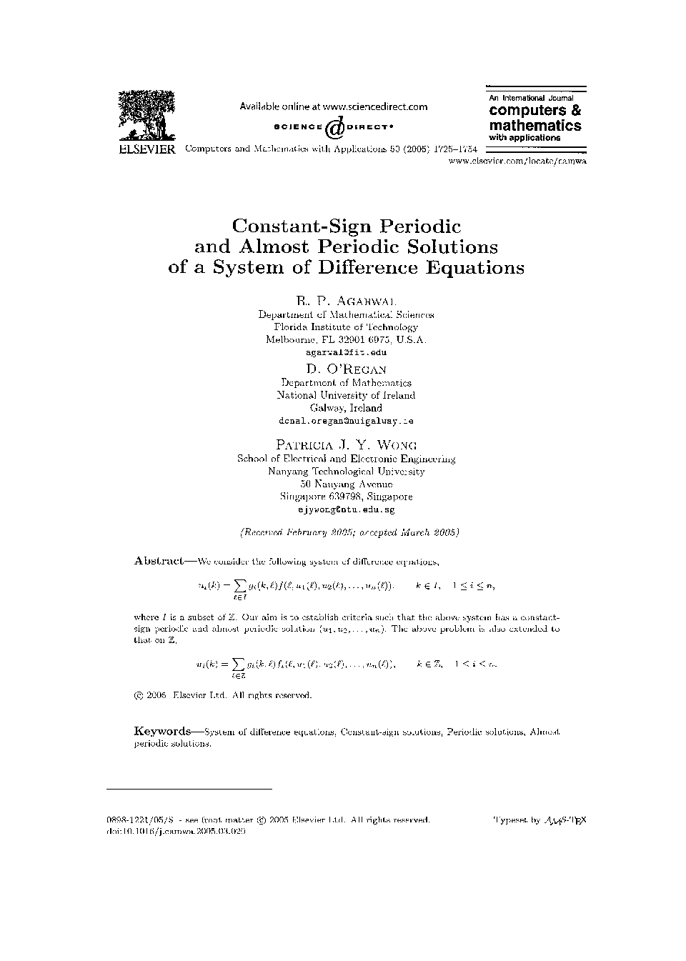 Constant-sign periodic and almost periodic solutions of a system of difference equations