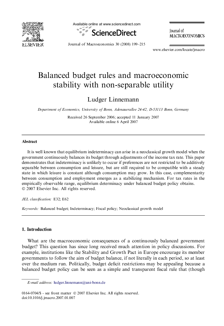 Balanced budget rules and macroeconomic stability with non-separable utility