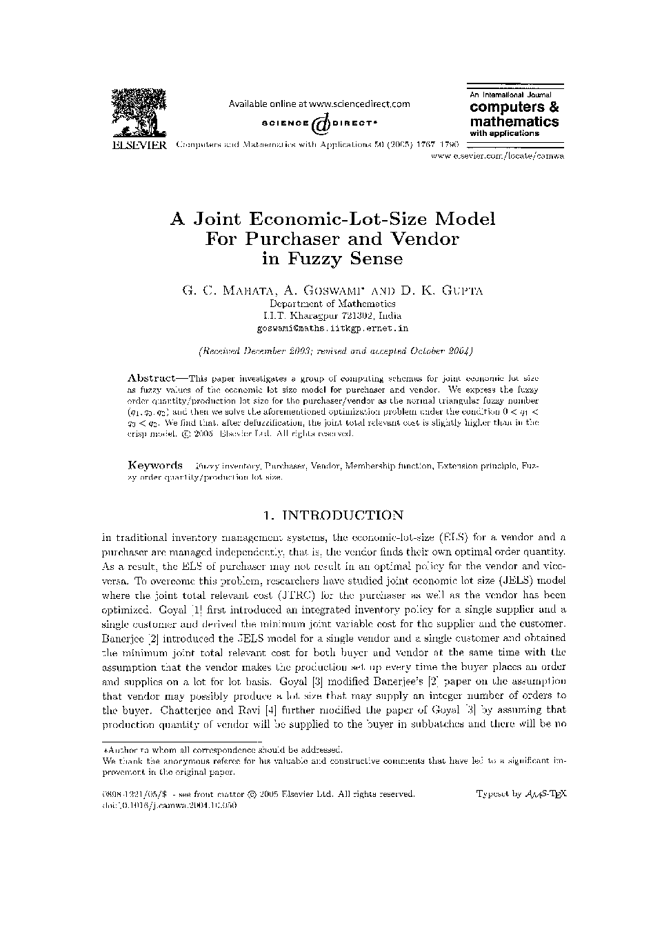 A joint economic-lot-size model for purchaser and vendor in fuzzy sense