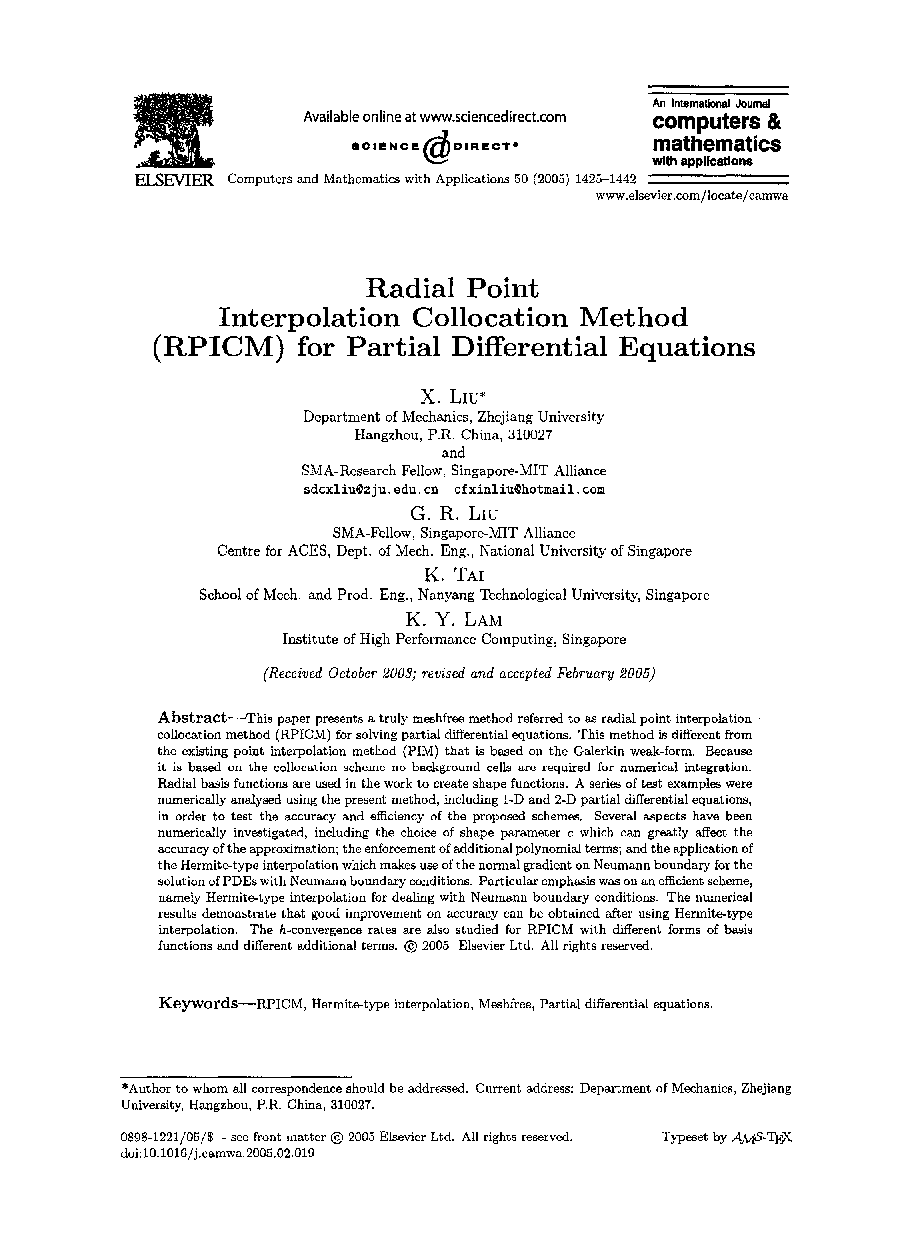 Radial point interpolation collocation method (RPICM) for partial differential equations