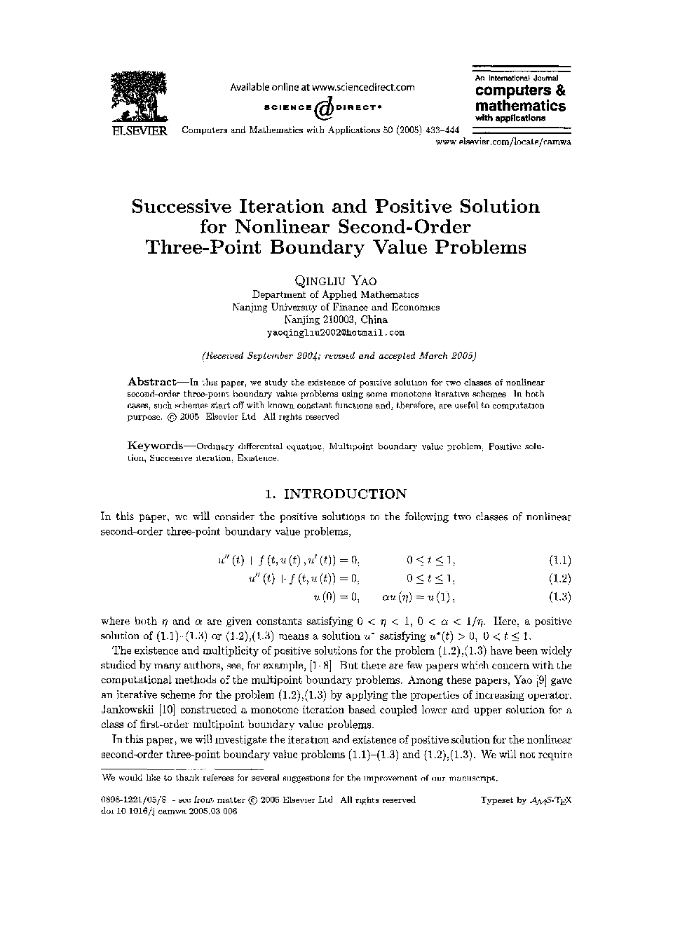 Successive iteration and positive solution for nonlinear second-order three-point boundary value problems