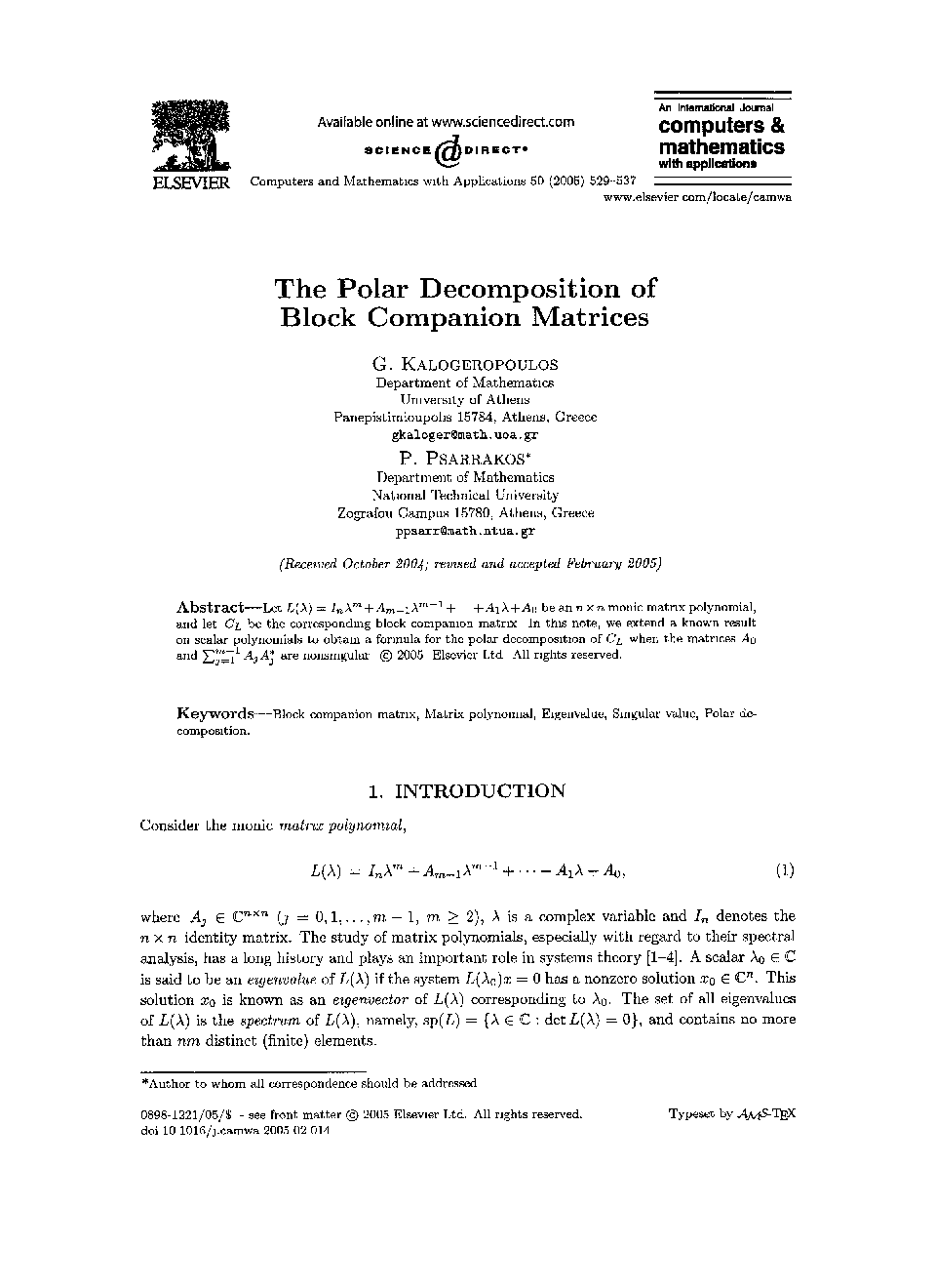 The polar decomposition of block companion matrices